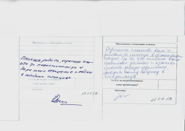 Фотография рукописного отзыва: благодарят за профессионализм и понимание.